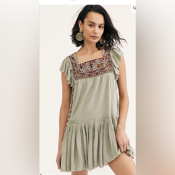 Free People Dresses & Skirts - FREE PEOPLE Sz XS Day Glow Mini Dress Spanish Moss Boho Hippie Festival
